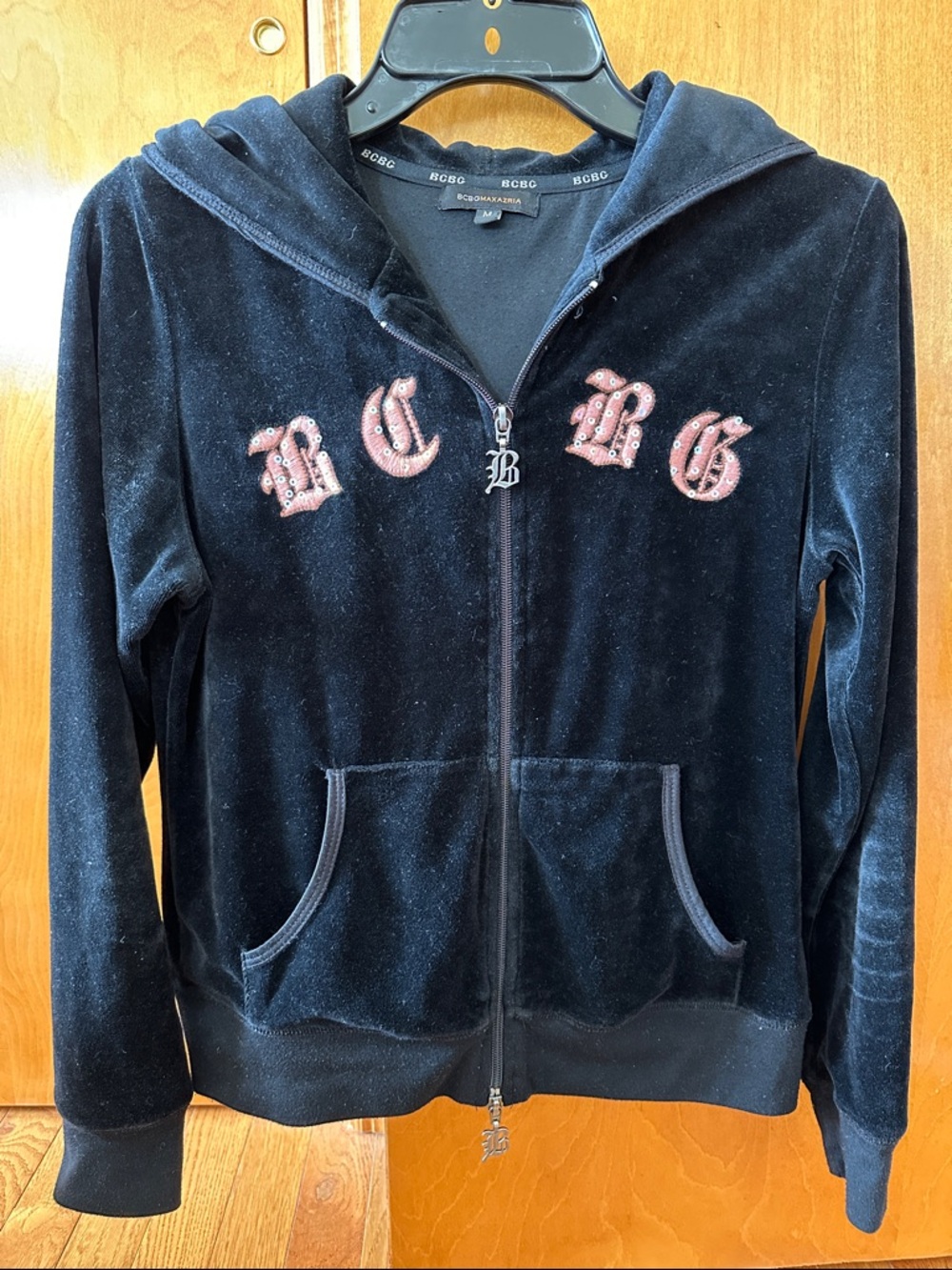 BCBG Black Velour Zip-Up Hoodie with Pink Embroidered Logo